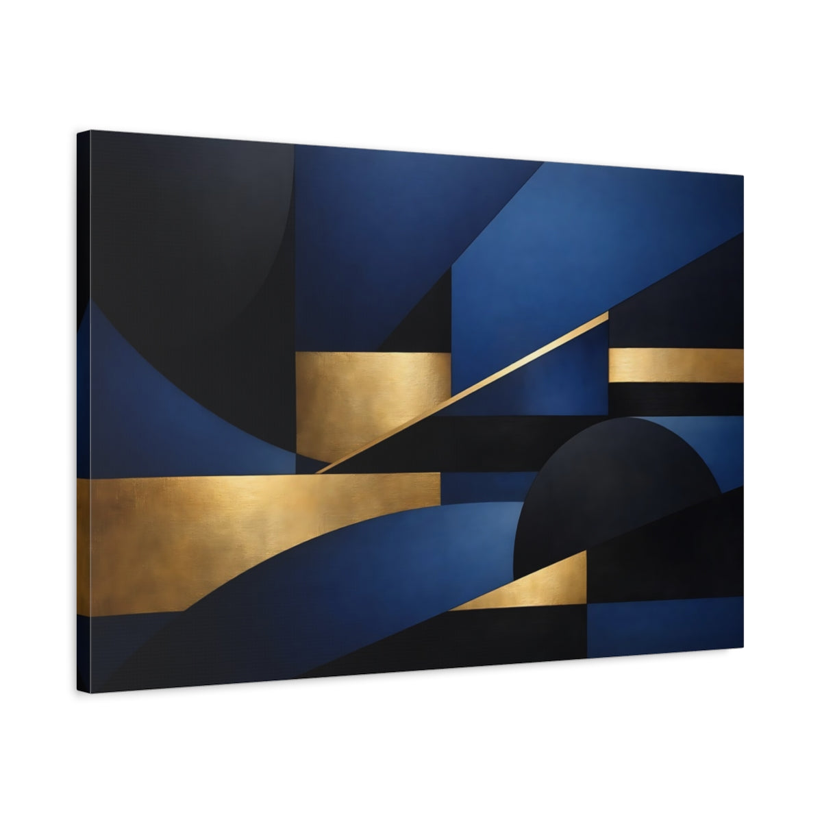 Side Mockup 2. Abstract Geometric Shapes Blue Black Gold shown as stretched canvas wall art