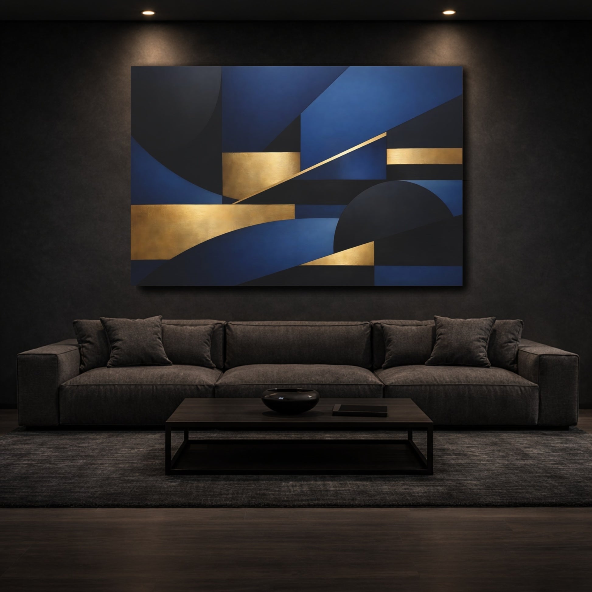 Mockup 2. Abstract Geometric Shapes Blue Black Gold shown as stretched canvas wall art