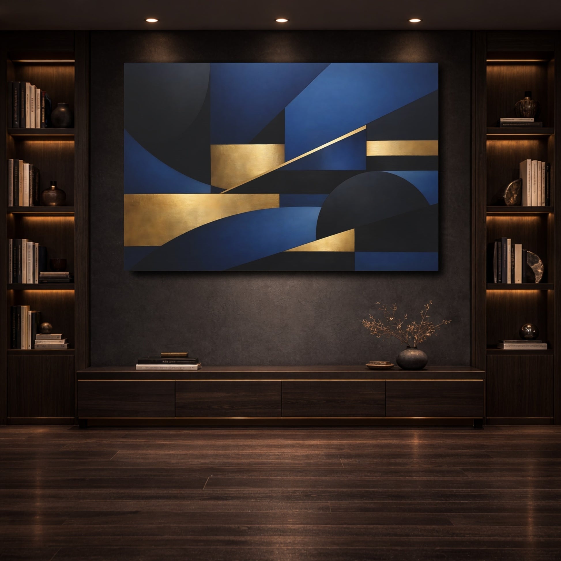 Mockup 3. Abstract Geometric Shapes Blue Black Gold shown as stretched canvas wall art