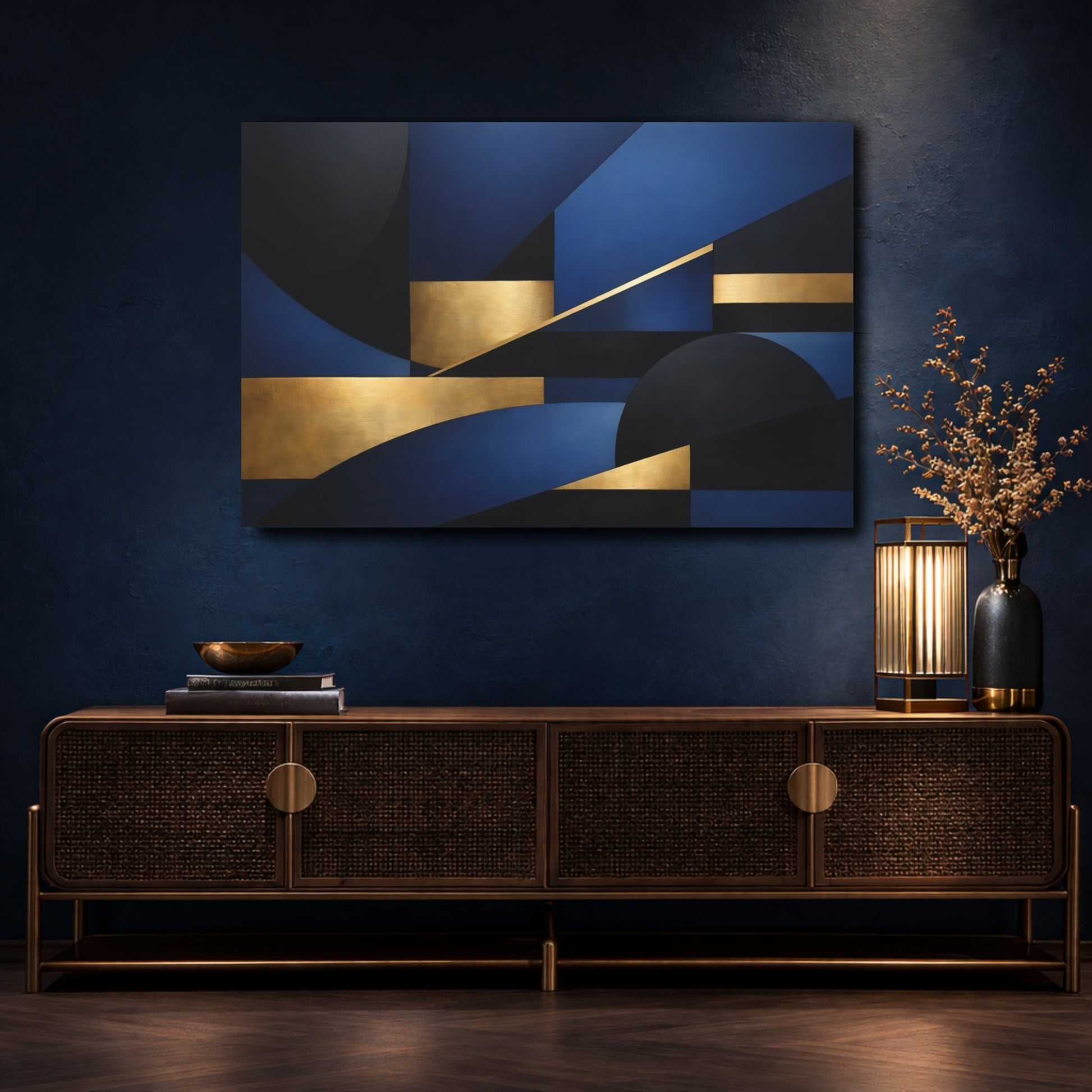 Mockup 4. Abstract Geometric Shapes Blue Black Gold shown as stretched canvas wall art