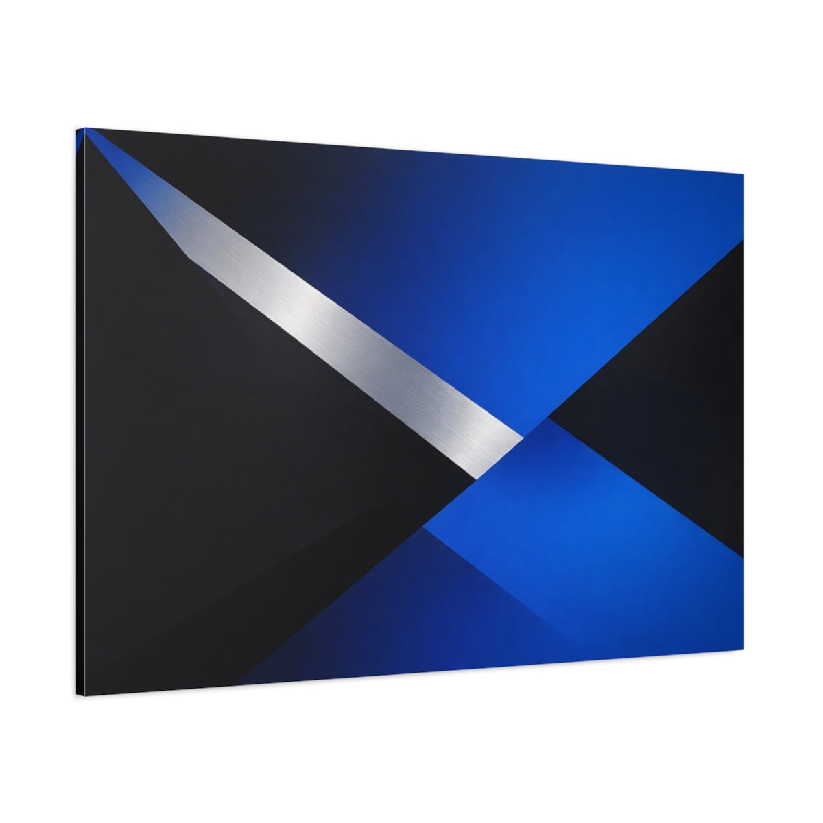 Main Mockup. Abstract Geometric Shapes Blue Black Silver shown as stretched canvas wall art