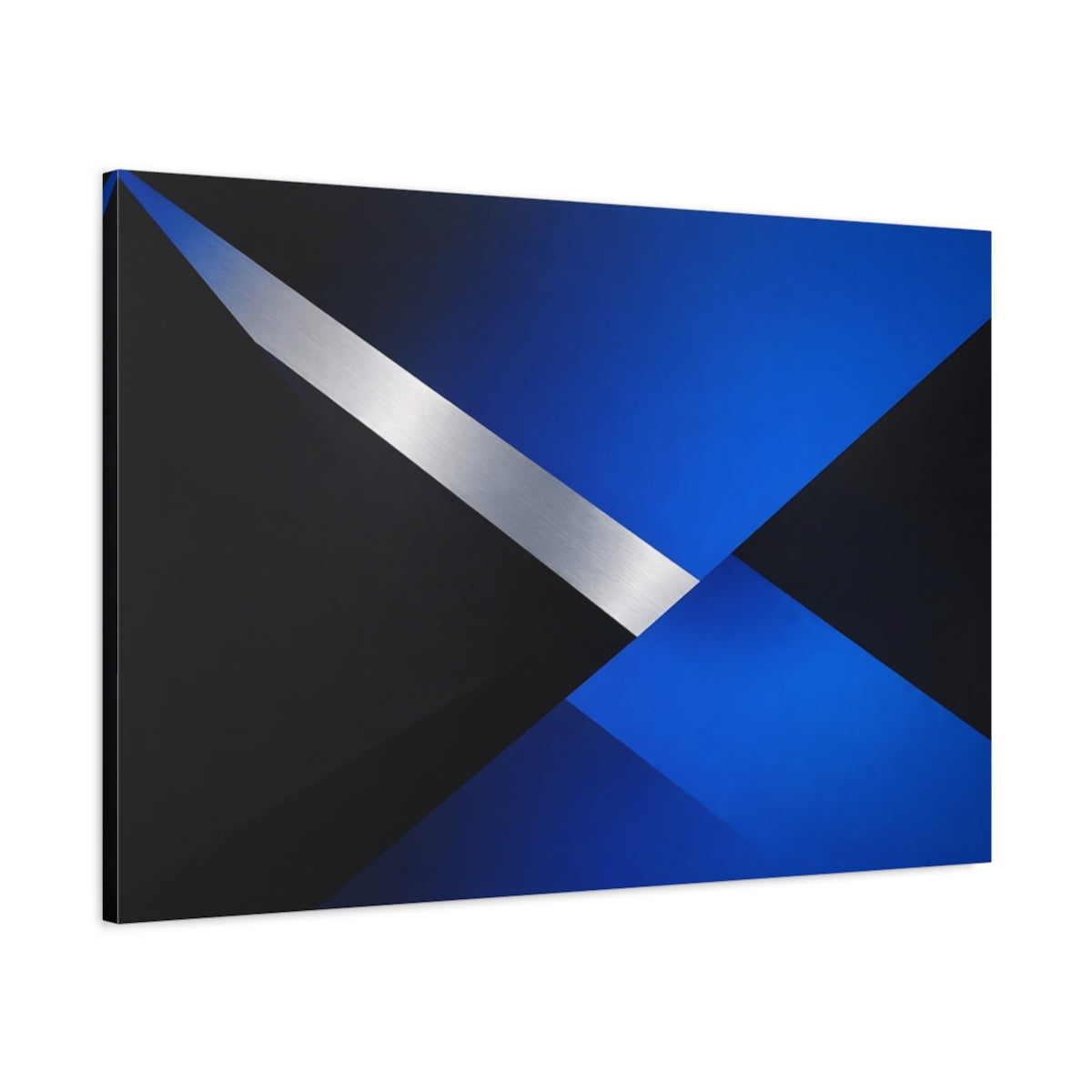 Side Mockup 1. Abstract Geometric Shapes Blue Black Silver shown as stretched canvas wall art