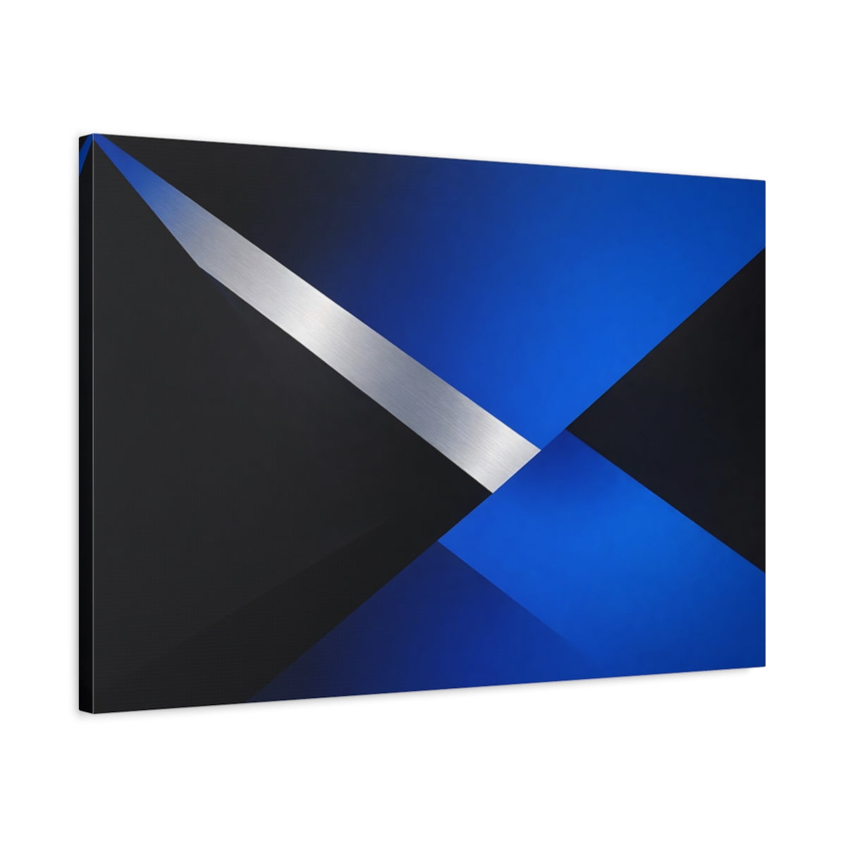 Side Mockup 2. Abstract Geometric Shapes Blue Black Silver shown as stretched canvas wall art