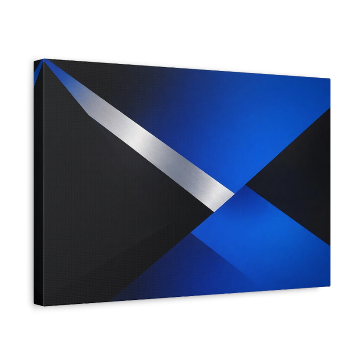 Side Mockup 4. Abstract Geometric Shapes Blue Black Silver shown as stretched canvas wall art