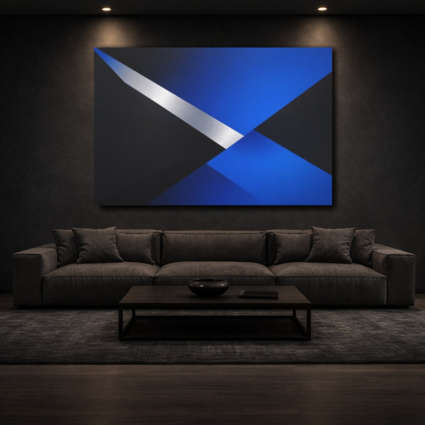 Mockup 2. Abstract Geometric Shapes Blue Black Silver shown as stretched canvas wall art