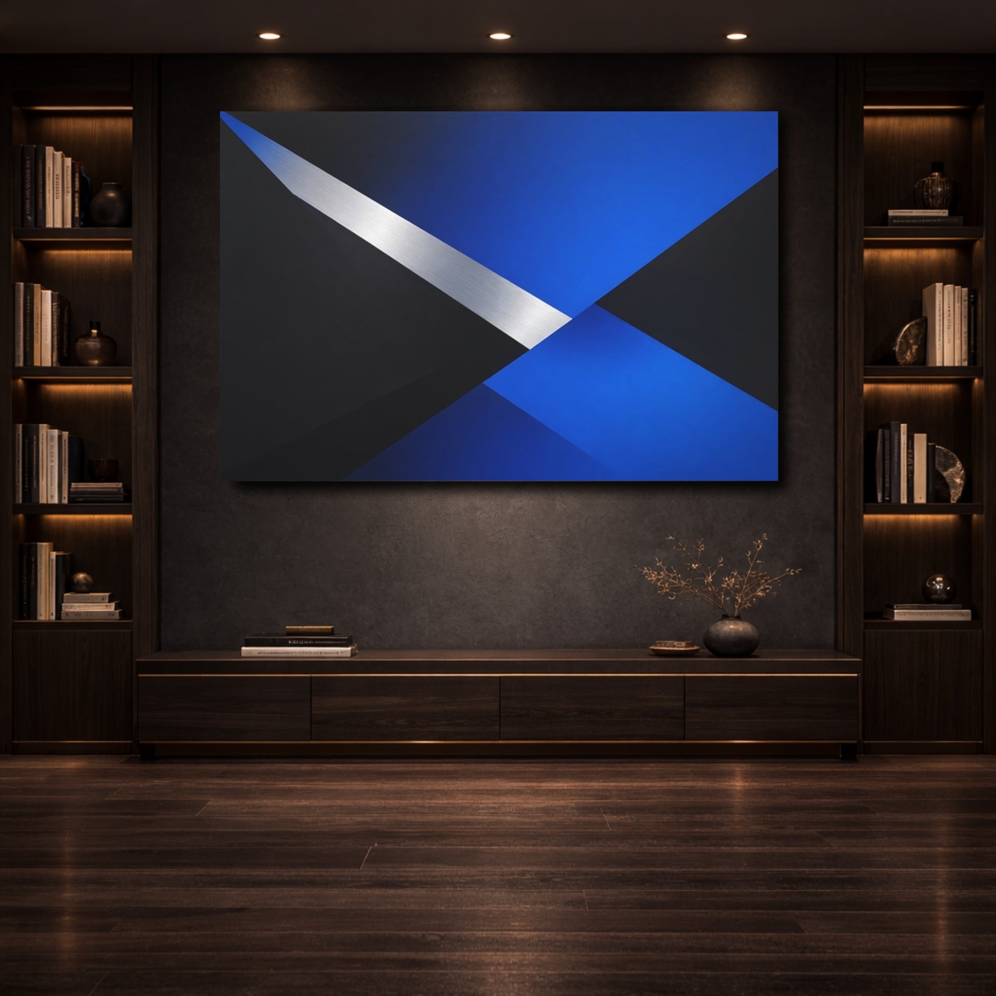 Mockup 3. Abstract Geometric Shapes Blue Black Silver shown as stretched canvas wall art