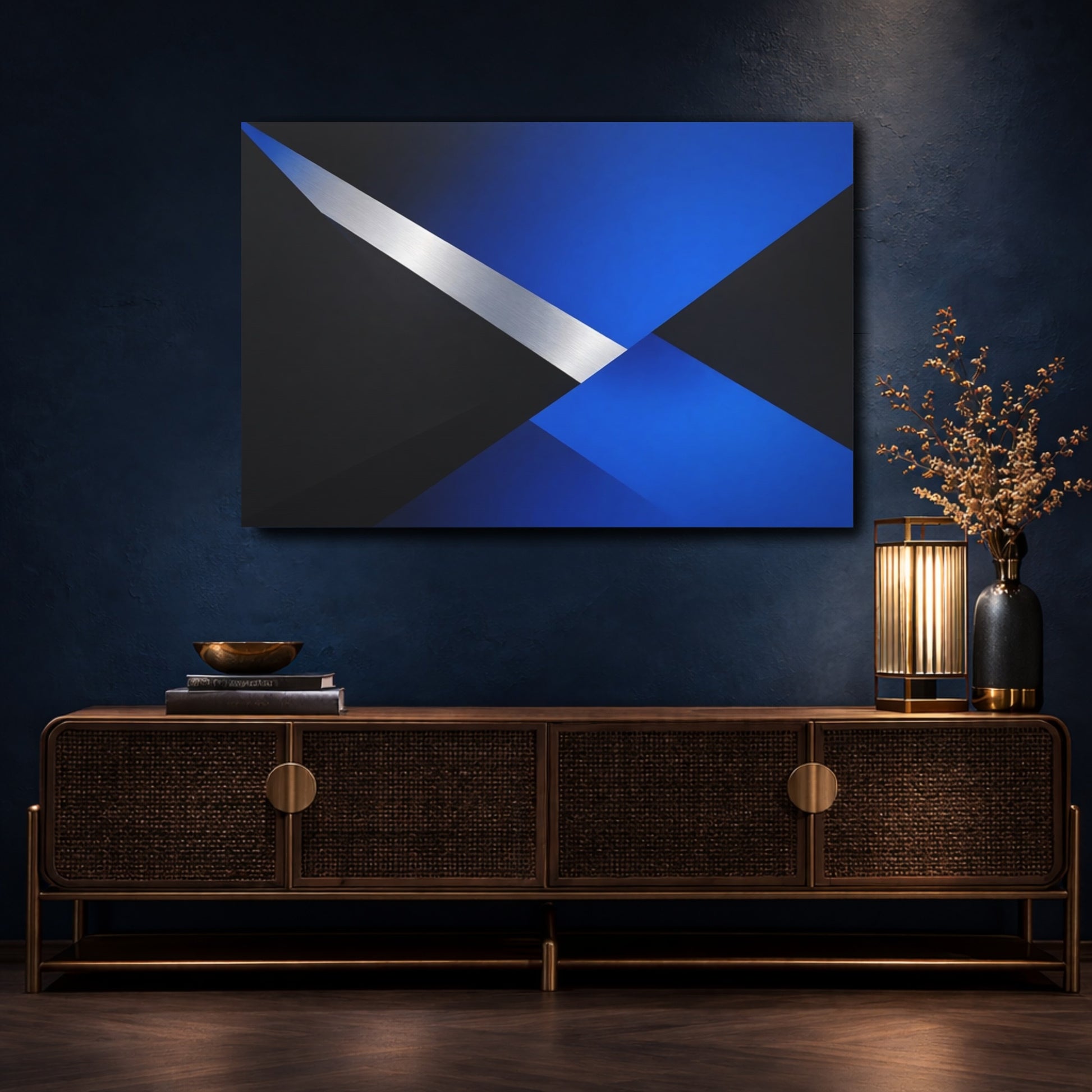 Mockup 4. Abstract Geometric Shapes Blue Black Silver shown as stretched canvas wall art
