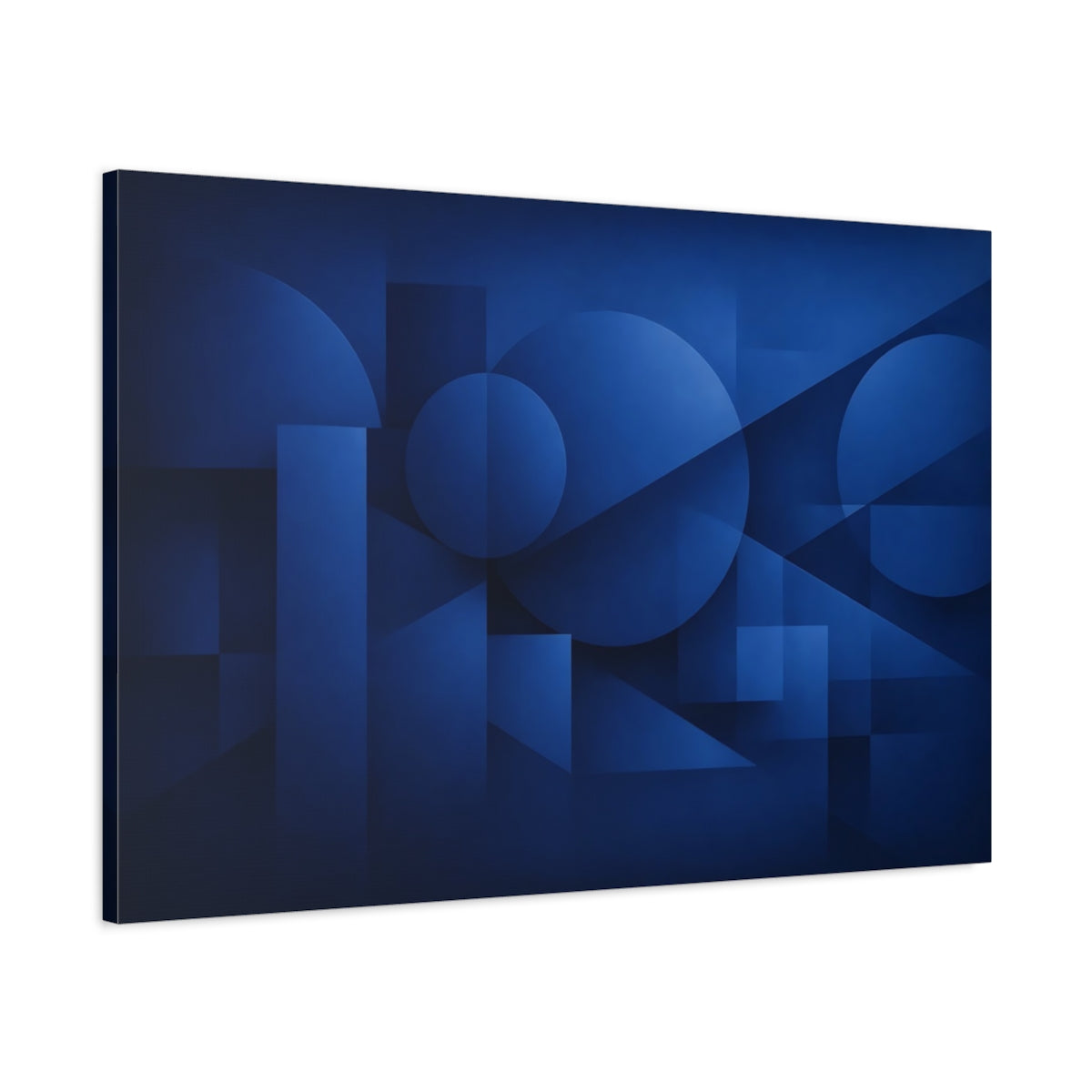 Side Mockup 1. Abstract Geometric Shapes Blue Geometric shown as stretched canvas wall art
