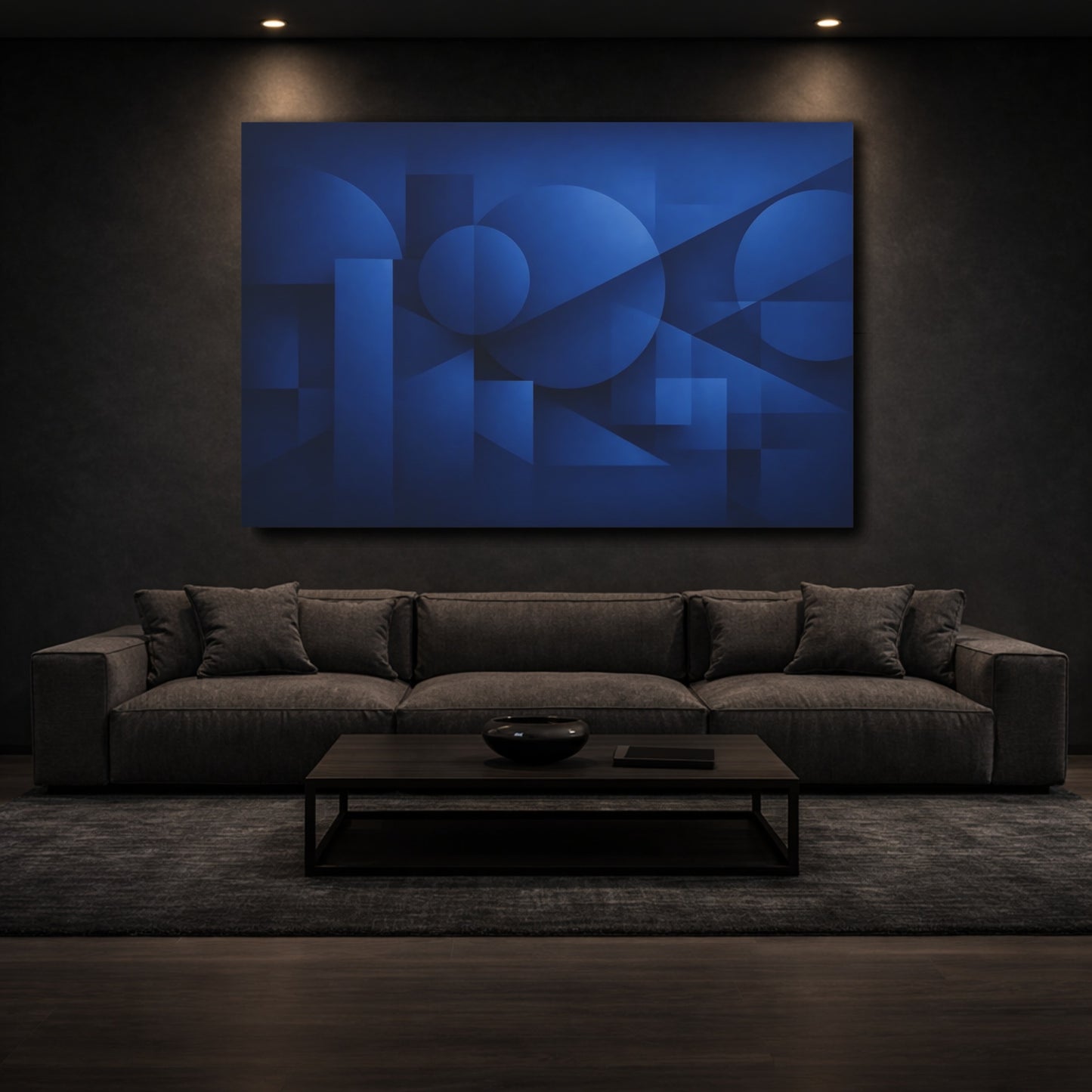 Mockup 2. Abstract Geometric Shapes Blue Geometric shown as stretched canvas wall art