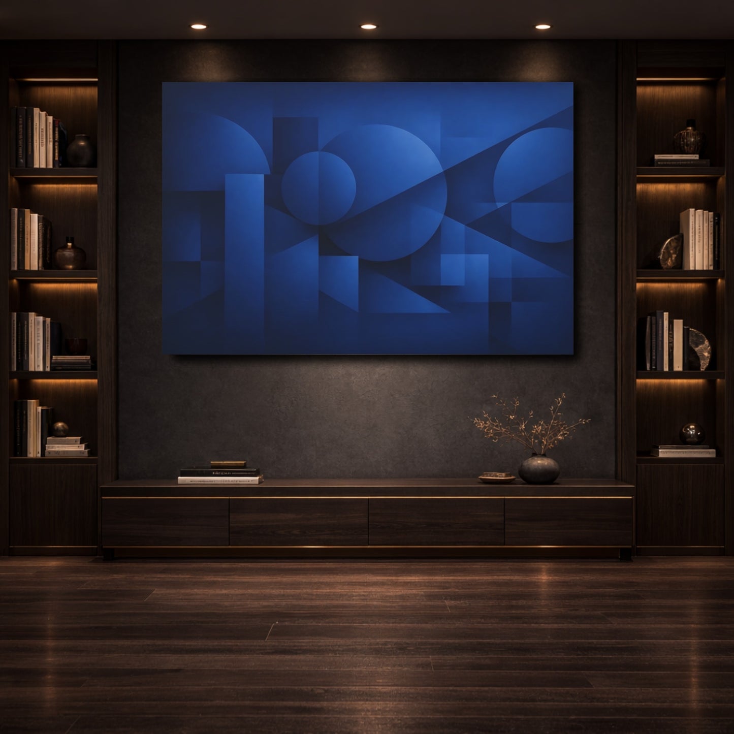 Mockup 3. Abstract Geometric Shapes Blue Geometric shown as stretched canvas wall art