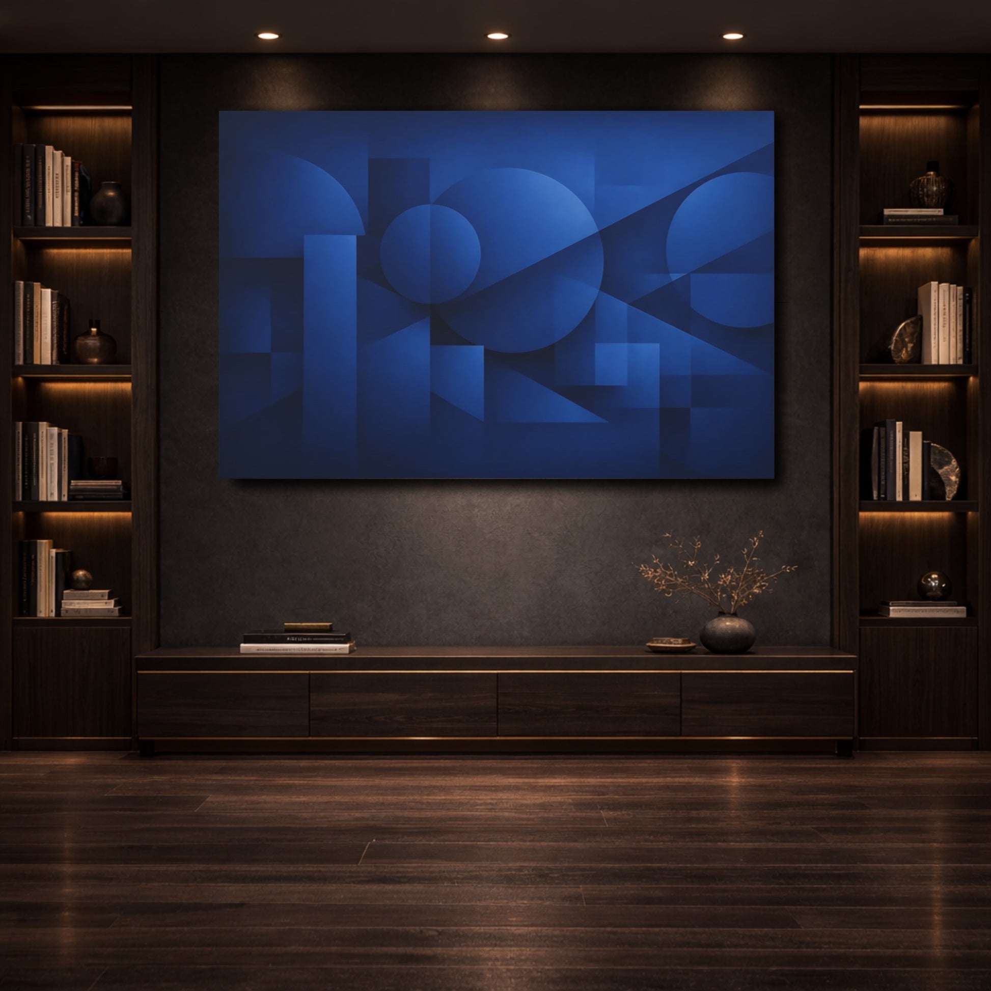 Mockup 3. Abstract Geometric Shapes Blue Geometric shown as stretched canvas wall art