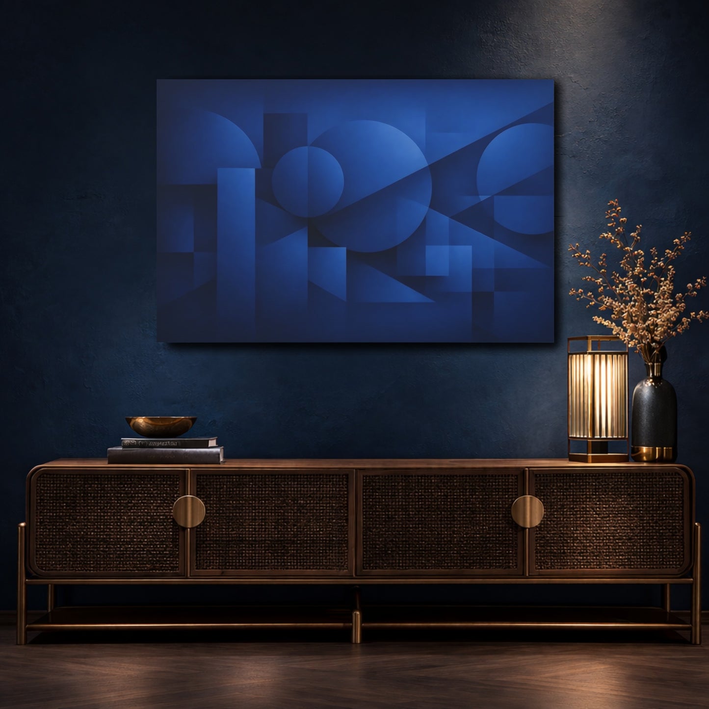 Mockup 4. Abstract Geometric Shapes Blue Geometric shown as stretched canvas wall art