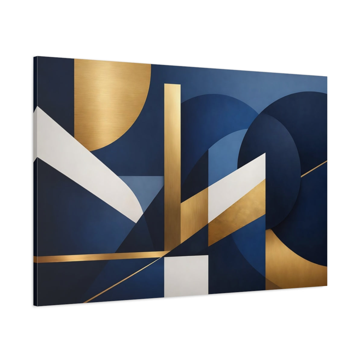 Main Mockup. Abstract Geometric Shapes Blue Gold Abstract shown as stretched canvas wall art