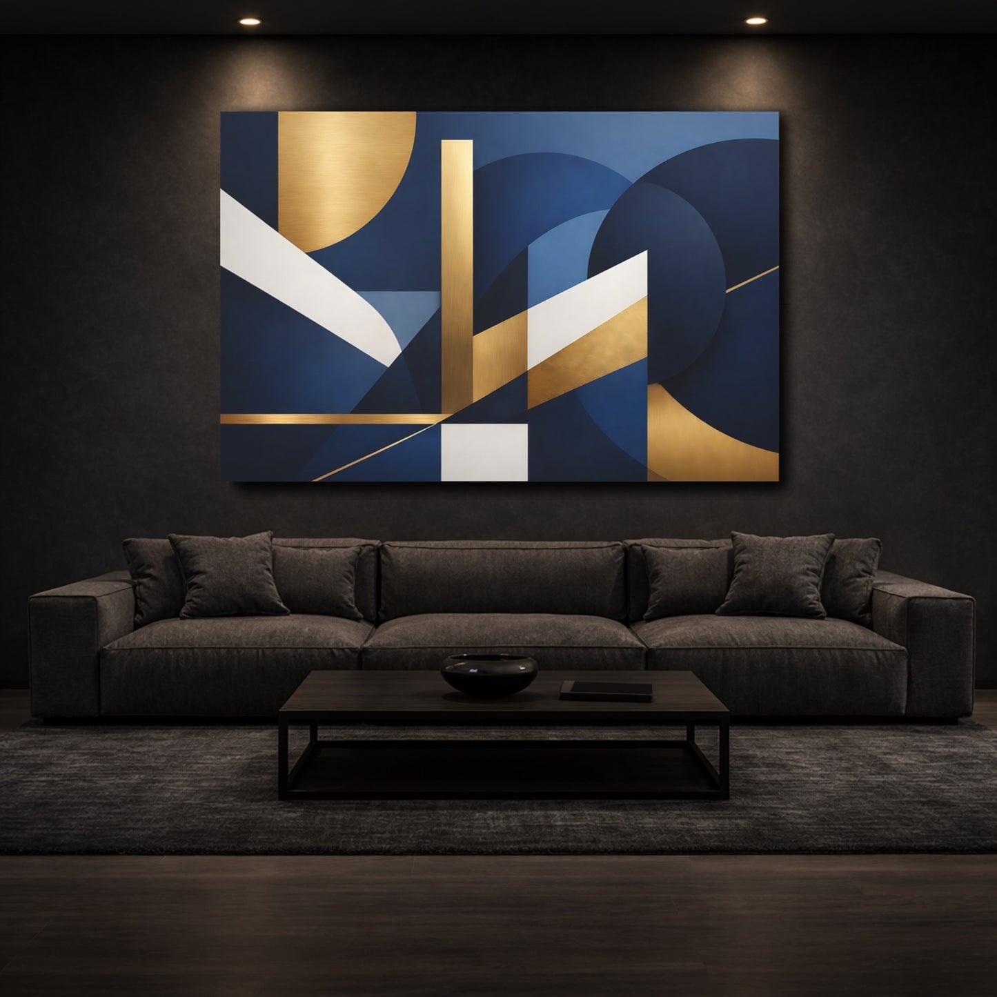Mockup 2. Abstract Geometric Shapes Blue Gold Abstract shown as stretched canvas wall art