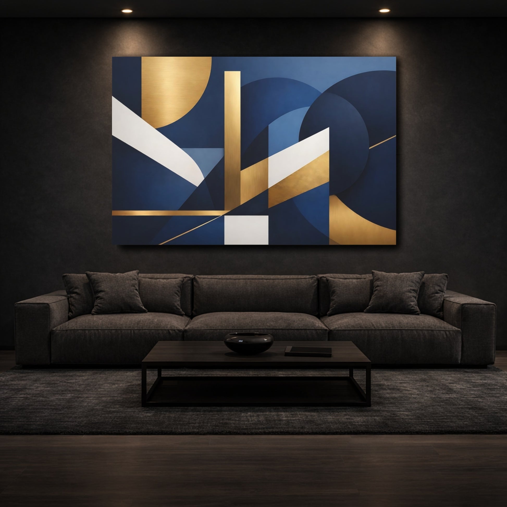 Mockup 2. Abstract Geometric Shapes Blue Gold Abstract shown as stretched canvas wall art
