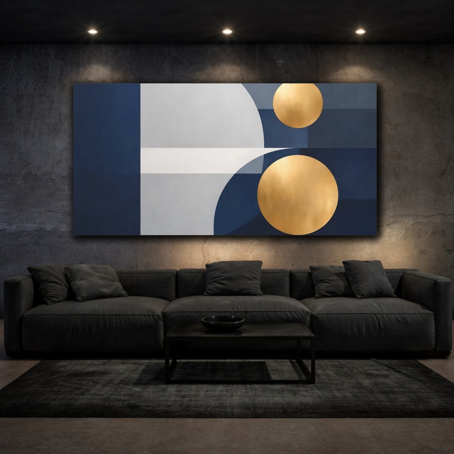 Mockup 2. Abstract Geometric Shapes Blue Gold Abstract shown as stretched canvas wall art