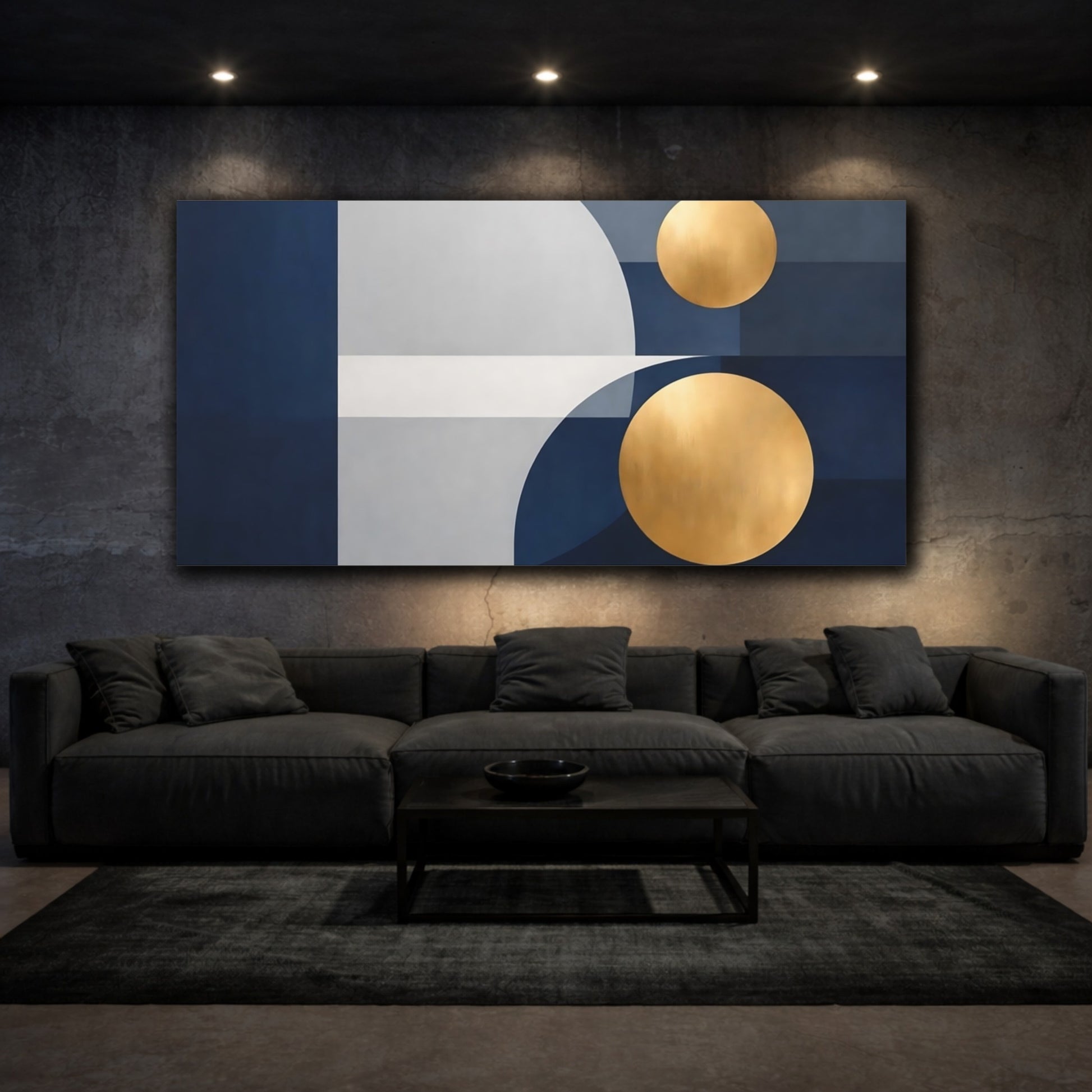 Mockup 2. Abstract Geometric Shapes Blue Gold Abstract shown as stretched canvas wall art