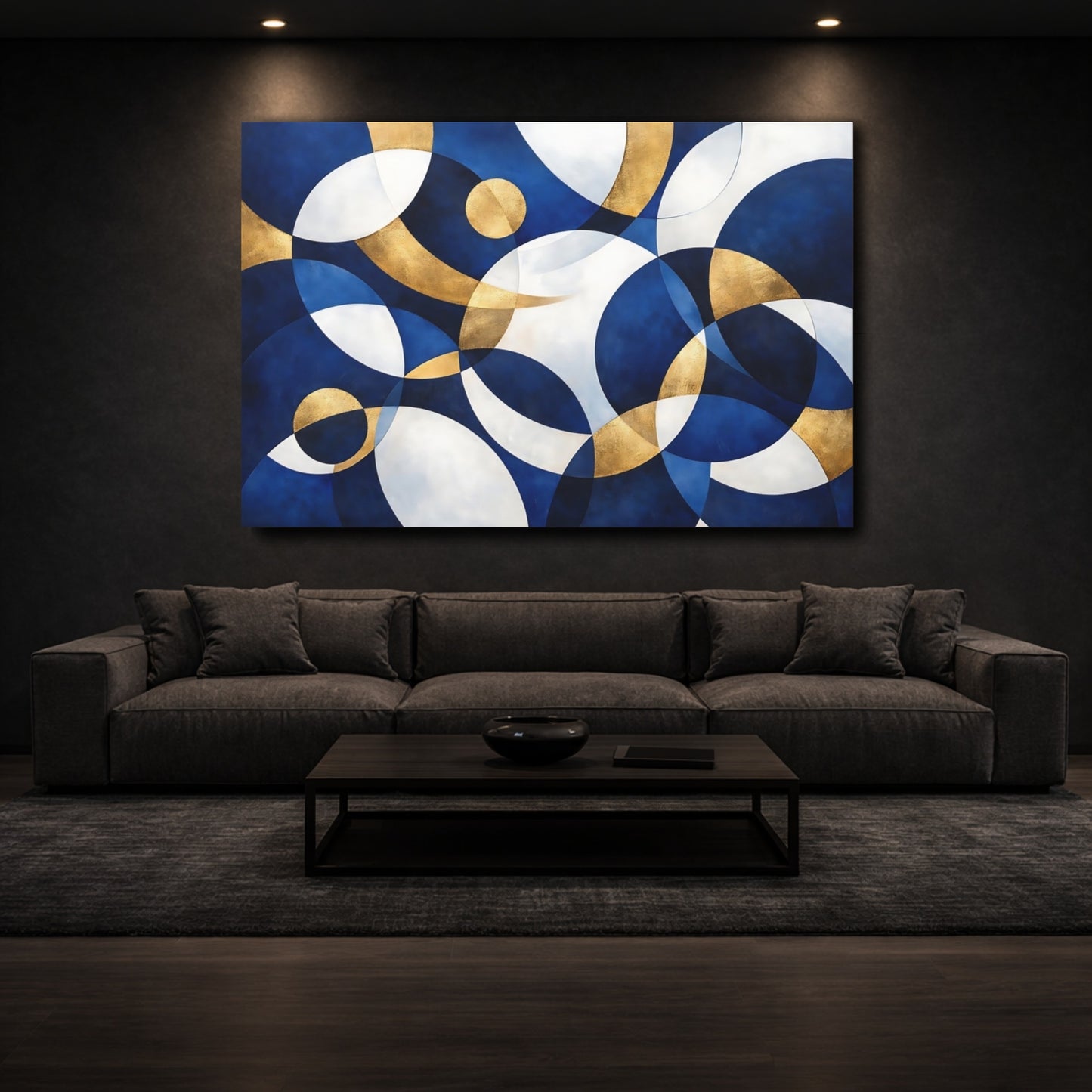 Mockup 2. Abstract Geometric Shapes Blue Gold Abstract shown as stretched canvas wall art