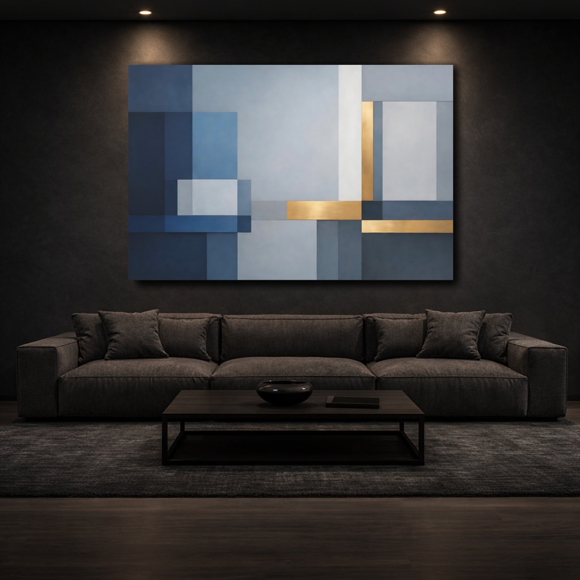 Mockup 2. Abstract Geometric Shapes Blue Gold Abstract shown as stretched canvas wall art