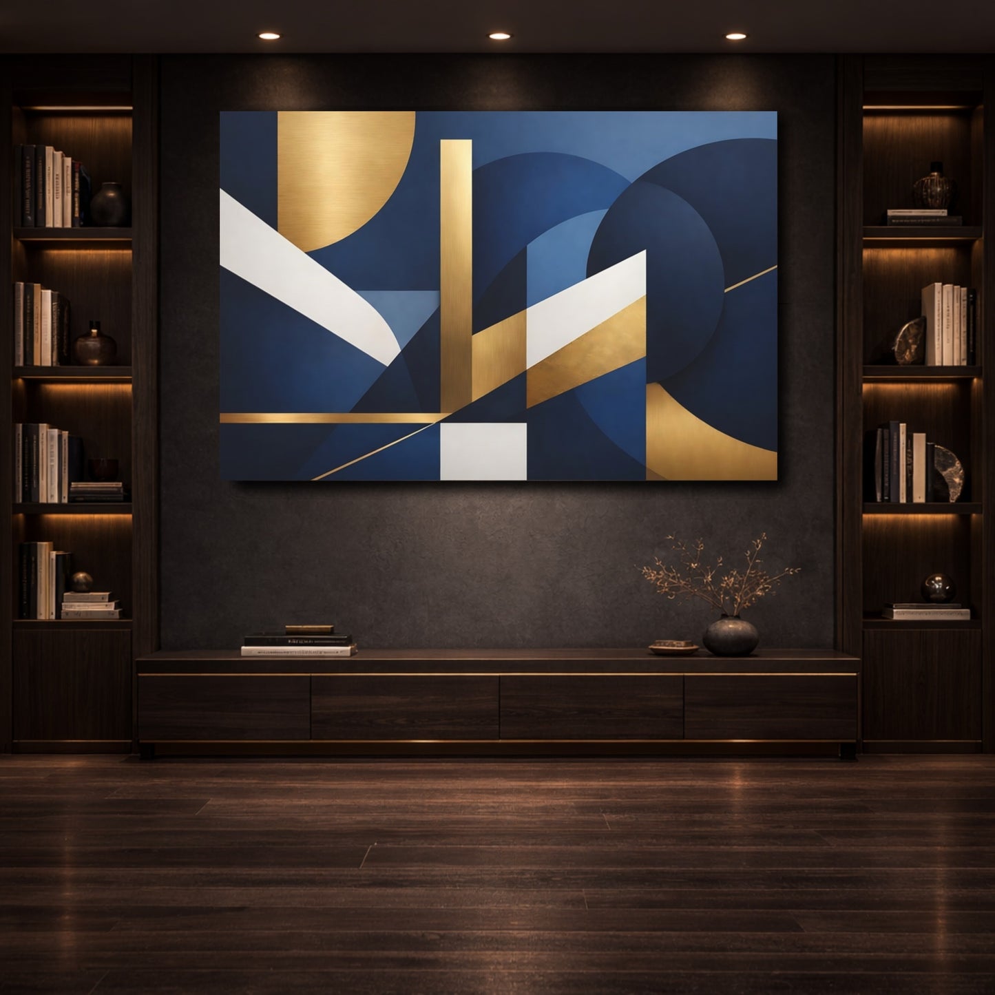 Mockup 3. Abstract Geometric Shapes Blue Gold Abstract shown as stretched canvas wall art