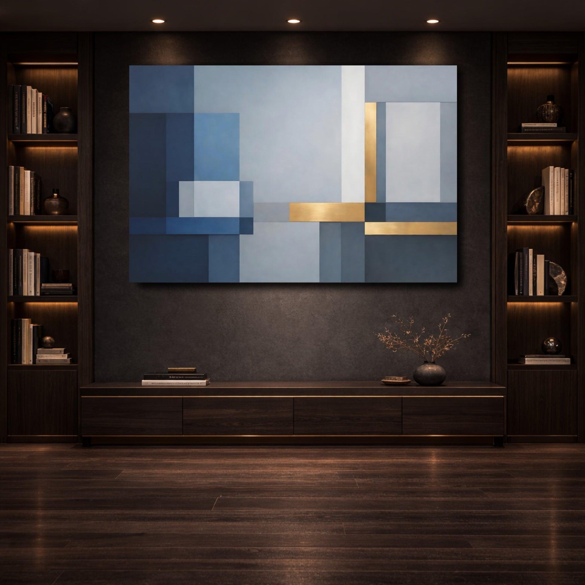 Mockup 3. Abstract Geometric Shapes Blue Gold Abstract shown as stretched canvas wall art