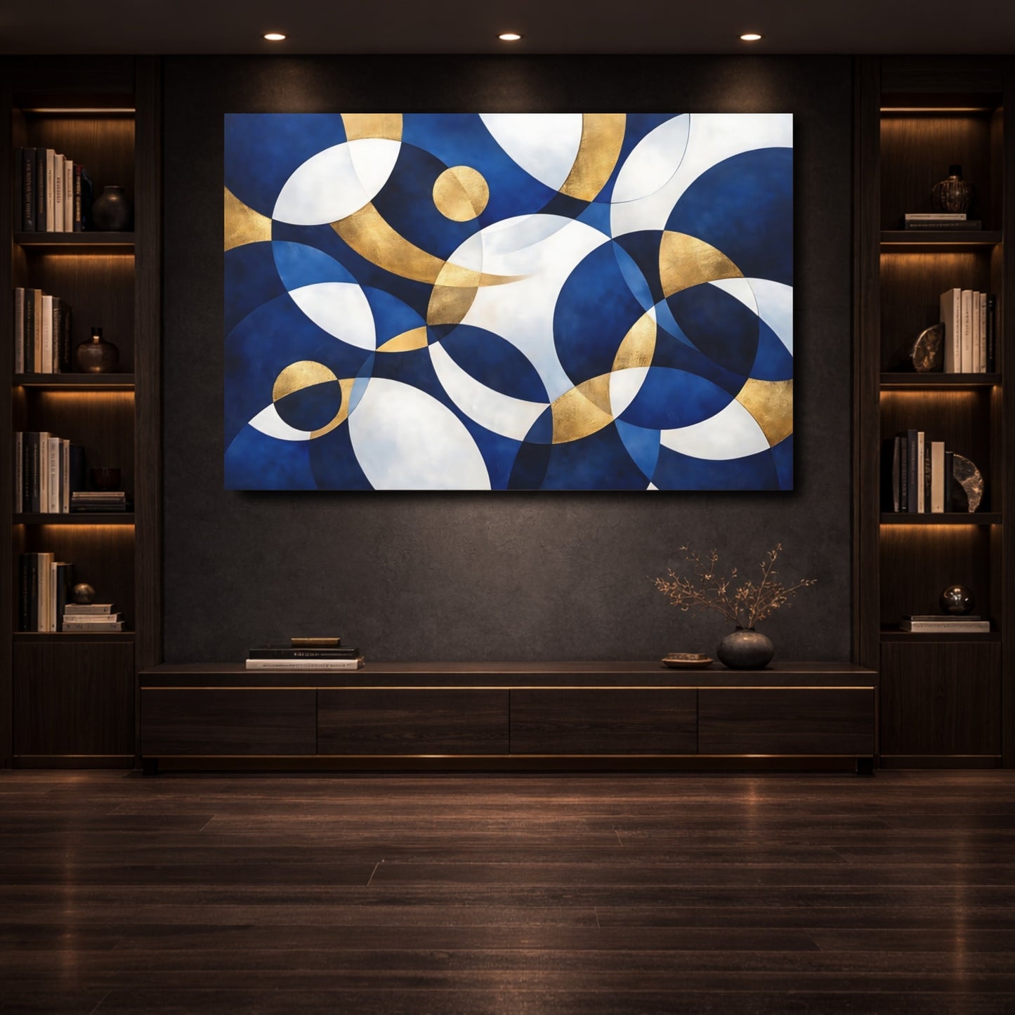 Mockup 3. Abstract Geometric Shapes Blue Gold Abstract shown as stretched canvas wall art