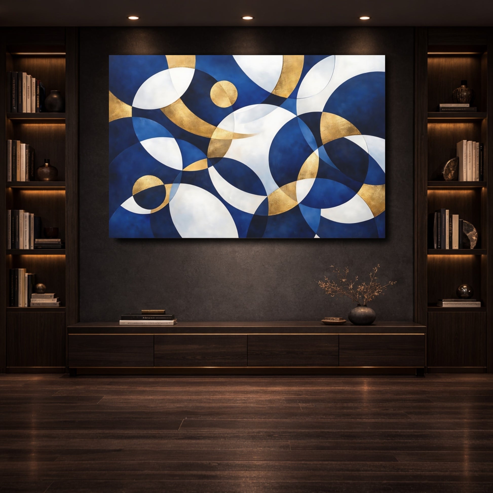 Mockup 3. Abstract Geometric Shapes Blue Gold Abstract shown as stretched canvas wall art