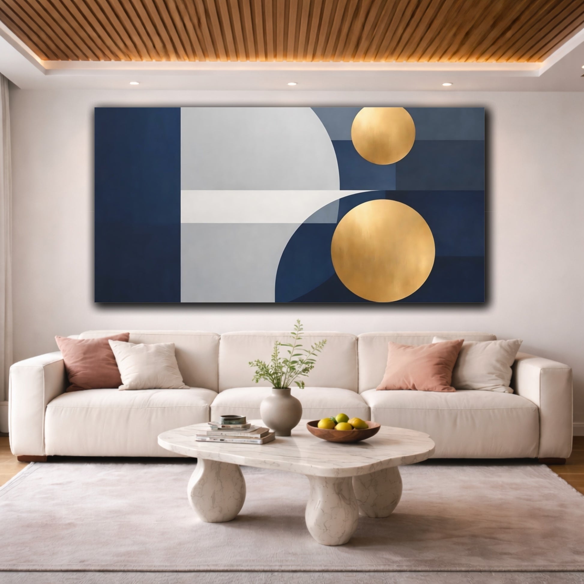 Mockup 3. Abstract Geometric Shapes Blue Gold Abstract shown as stretched canvas wall art