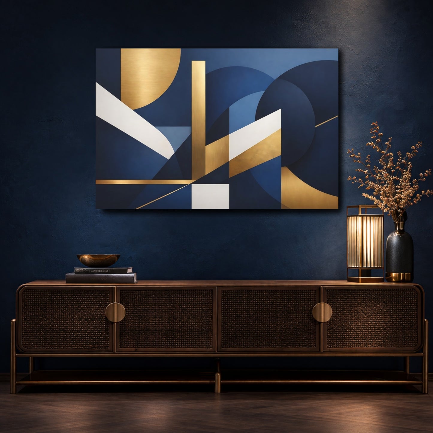 Mockup 4. Abstract Geometric Shapes Blue Gold Abstract shown as stretched canvas wall art