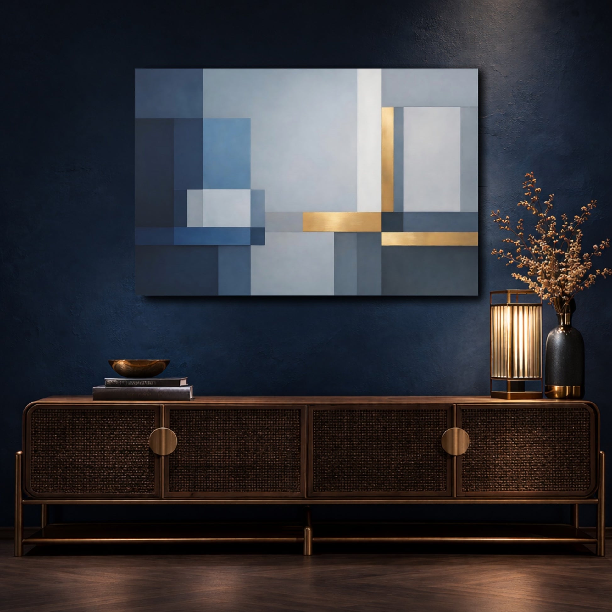 Mockup 4. Abstract Geometric Shapes Blue Gold Abstract shown as stretched canvas wall art