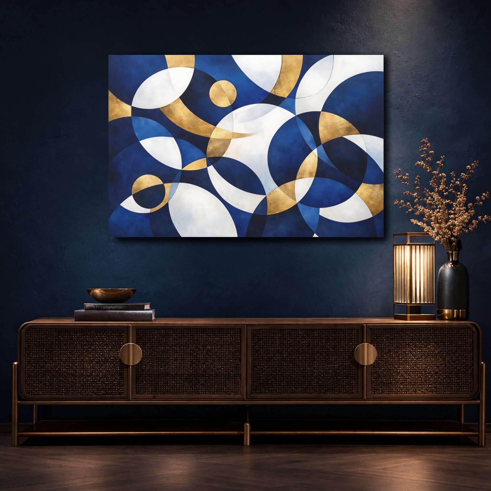 Mockup 4. Abstract Geometric Shapes Blue Gold Abstract shown as stretched canvas wall art