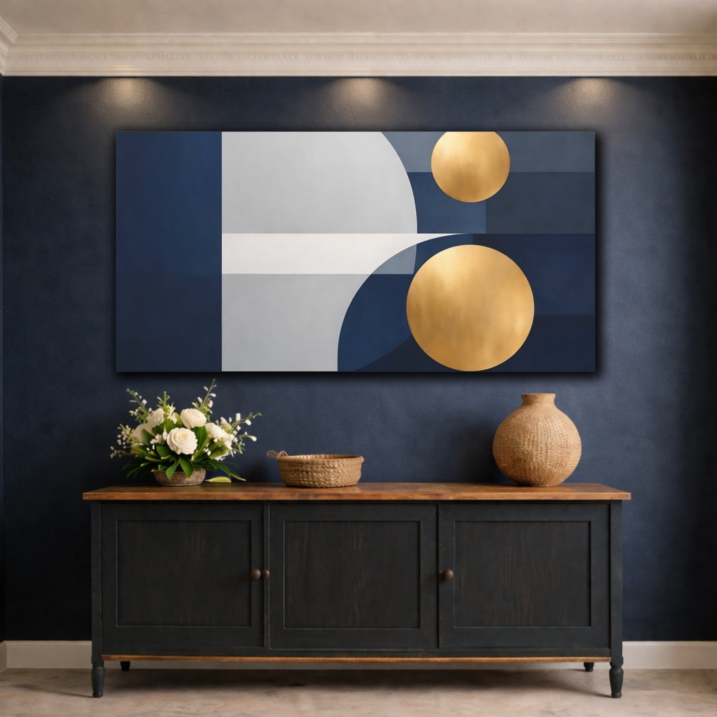 Mockup 4. Abstract Geometric Shapes Blue Gold Abstract shown as stretched canvas wall art