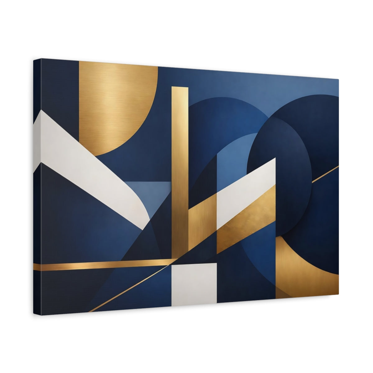 Side Mockup 3. Abstract Geometric Shapes Blue Gold Abstract shown as stretched canvas wall art