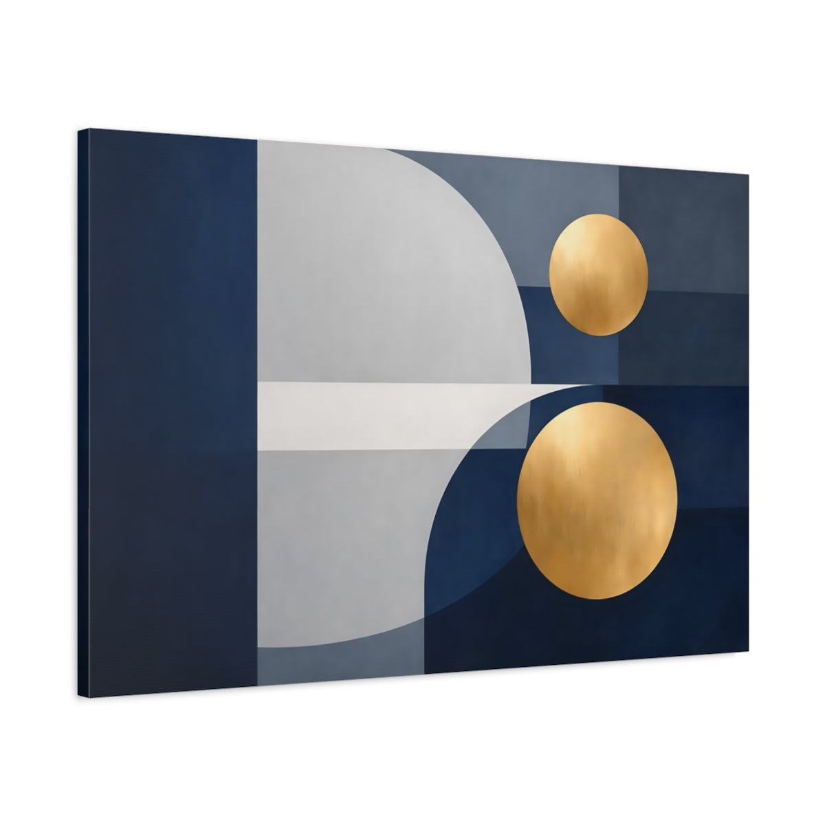 Side Mockup 1. Abstract Geometric Shapes Blue Gold Geometric shown as stretched canvas wall art