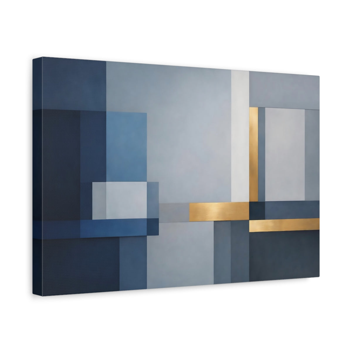 Side Mockup 4. Abstract Geometric Shapes Blue Gold Abstract shown as stretched canvas wall art