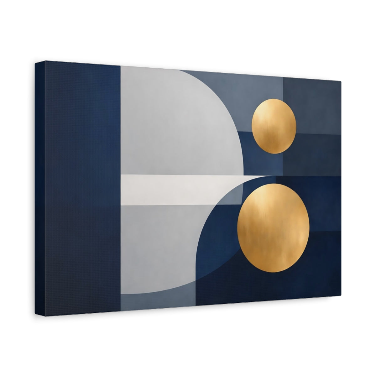 Side Mockup 4. Abstract Geometric Shapes Blue Gold Geometric shown as stretched canvas wall art