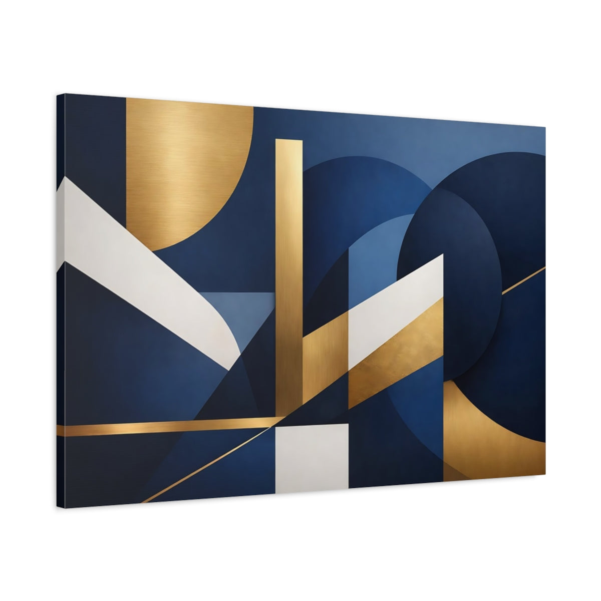 Side Mockup 1. Abstract Geometric Shapes Blue Gold Abstract shown as stretched canvas wall art
