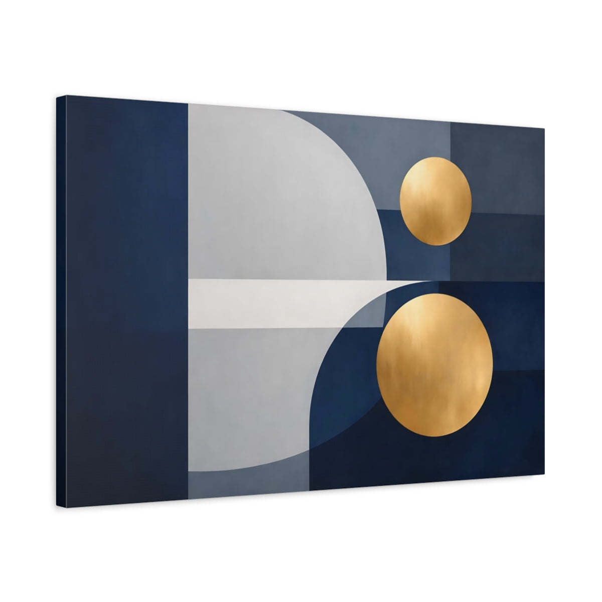 Side Mockup 2. Abstract Geometric Shapes Blue Gold Geometric shown as stretched canvas wall art