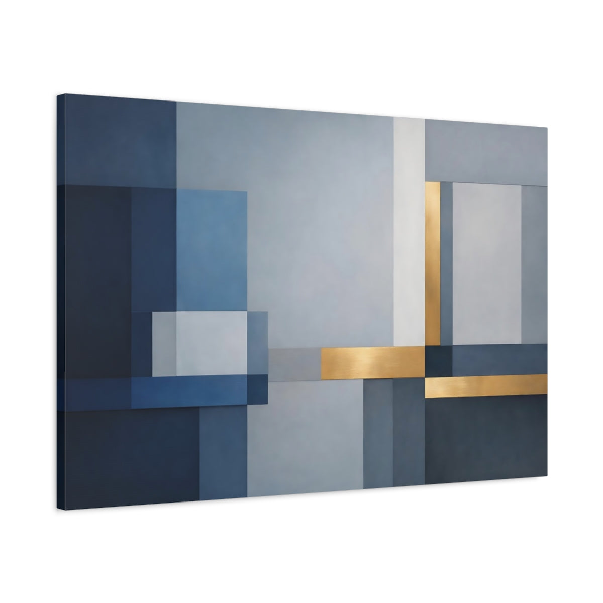 Side Mockup 1. Abstract Geometric Shapes Blue Gold Abstract shown as stretched canvas wall art