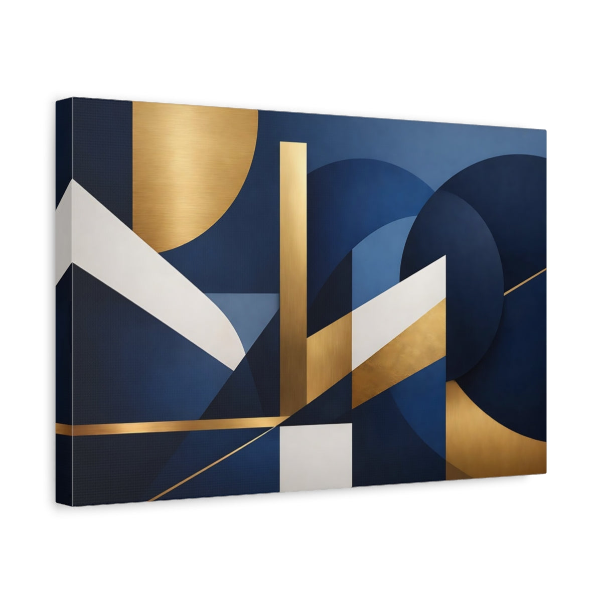 Side Mockup 4. Abstract Geometric Shapes Blue Gold Abstract shown as stretched canvas wall art