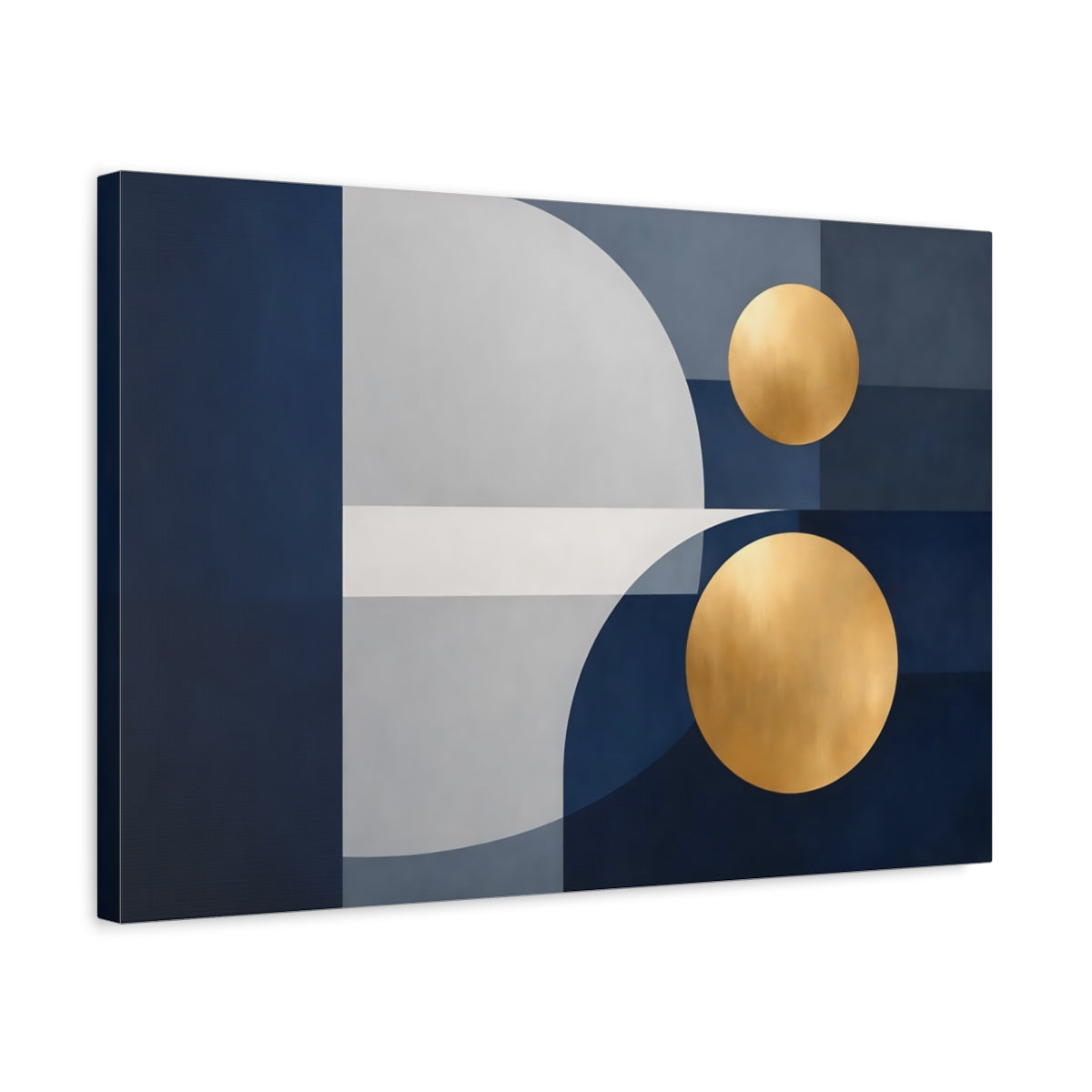 Side Mockup 3. Abstract Geometric Shapes Blue Gold Geometric shown as stretched canvas wall art