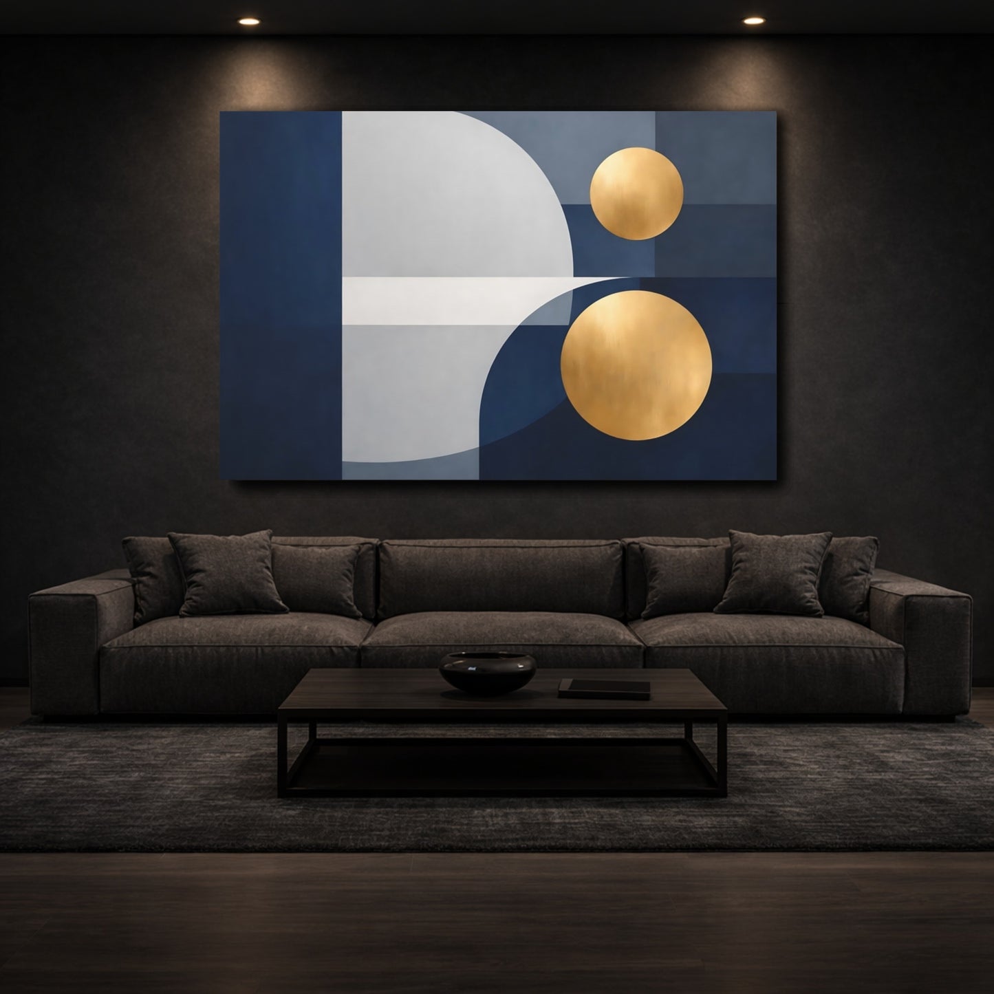 Mockup 2. Abstract Geometric Shapes Blue Gold Geometric shown as stretched canvas wall art