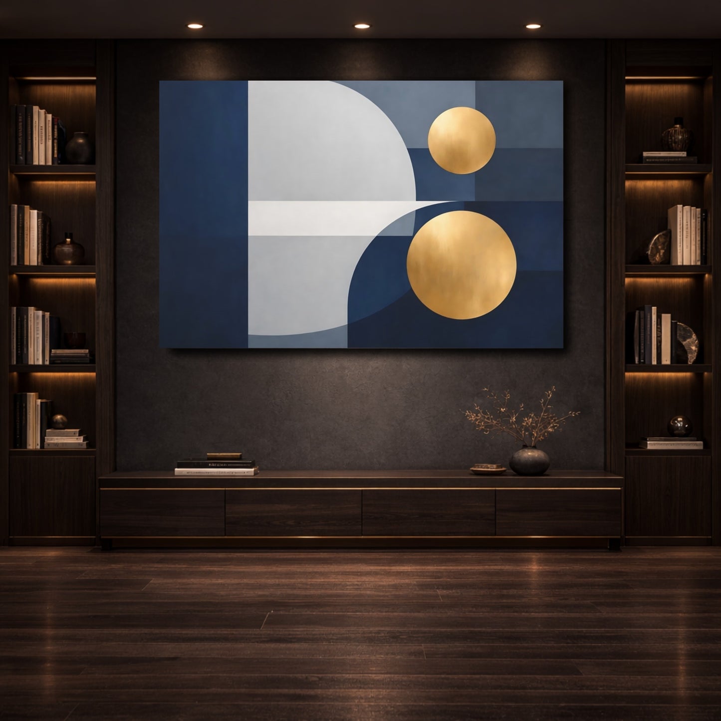 Mockup 3. Abstract Geometric Shapes Blue Gold Geometric shown as stretched canvas wall art