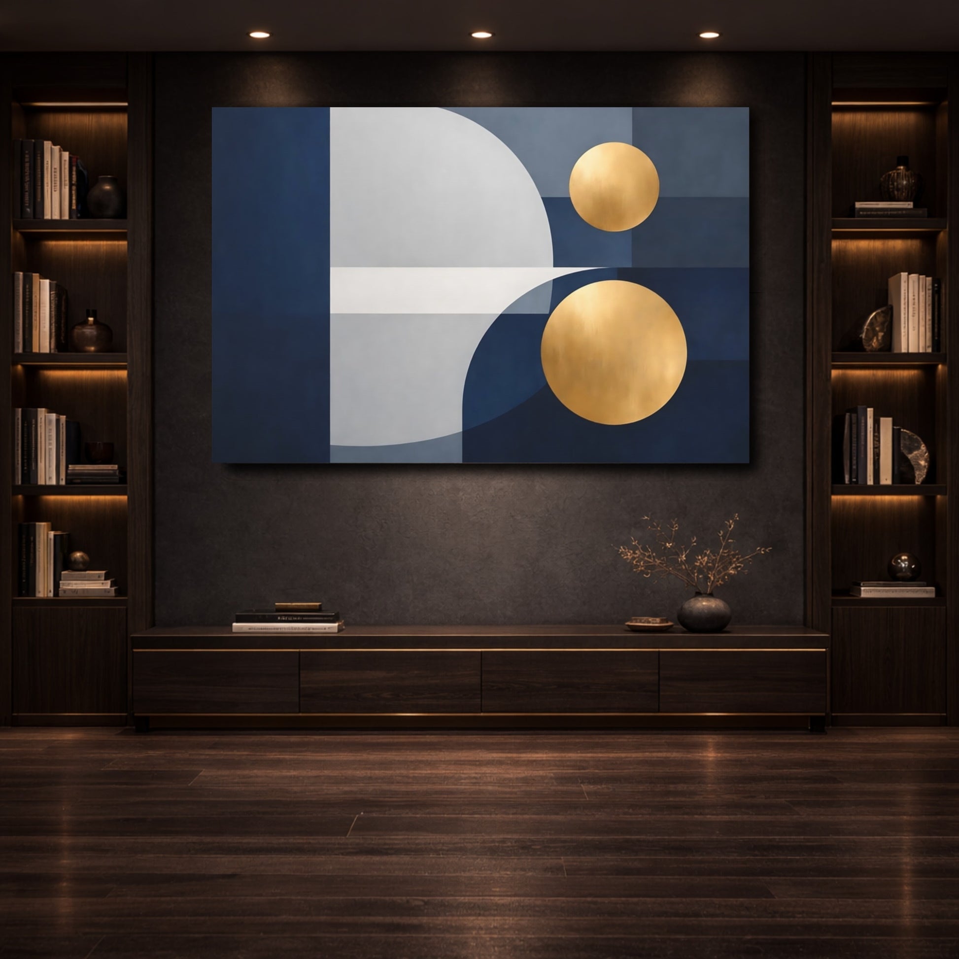 Mockup 3. Abstract Geometric Shapes Blue Gold Geometric shown as stretched canvas wall art