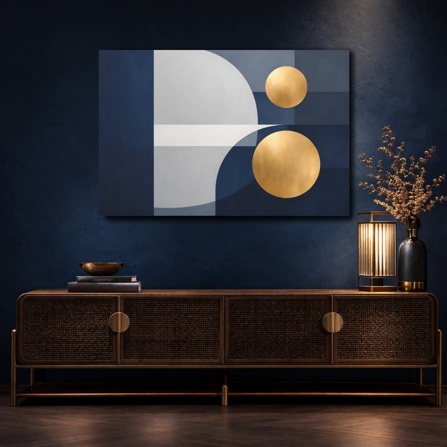 Mockup 4. Abstract Geometric Shapes Blue Gold Geometric shown as stretched canvas wall art