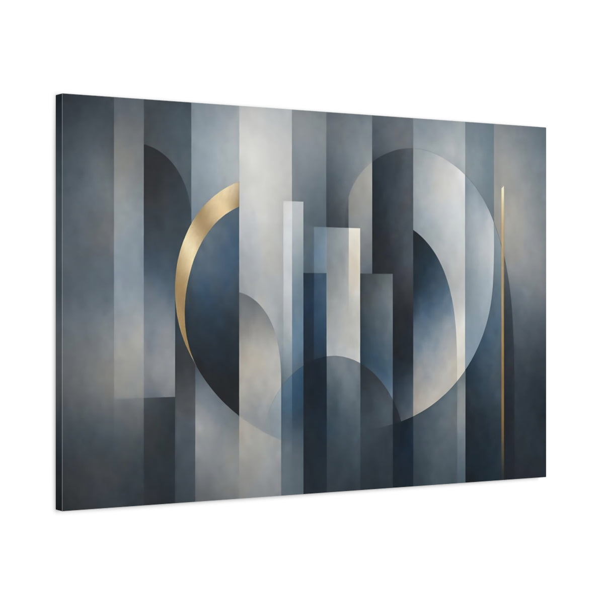 Main Mockup. Abstract Geometric Shapes Blue Gray Gold Abstract shown as stretched canvas wall art