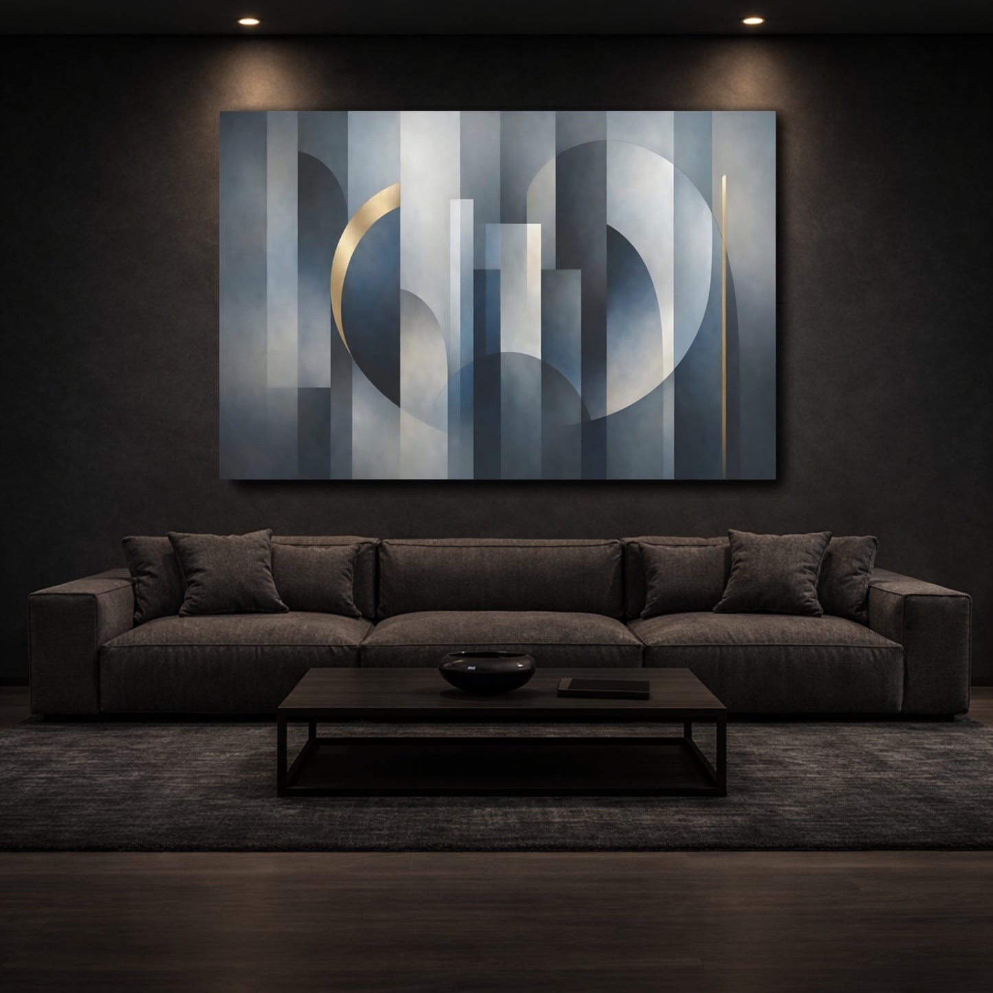 Mockup 2. Abstract Geometric Shapes Blue Gray Gold Abstract shown as stretched canvas wall art