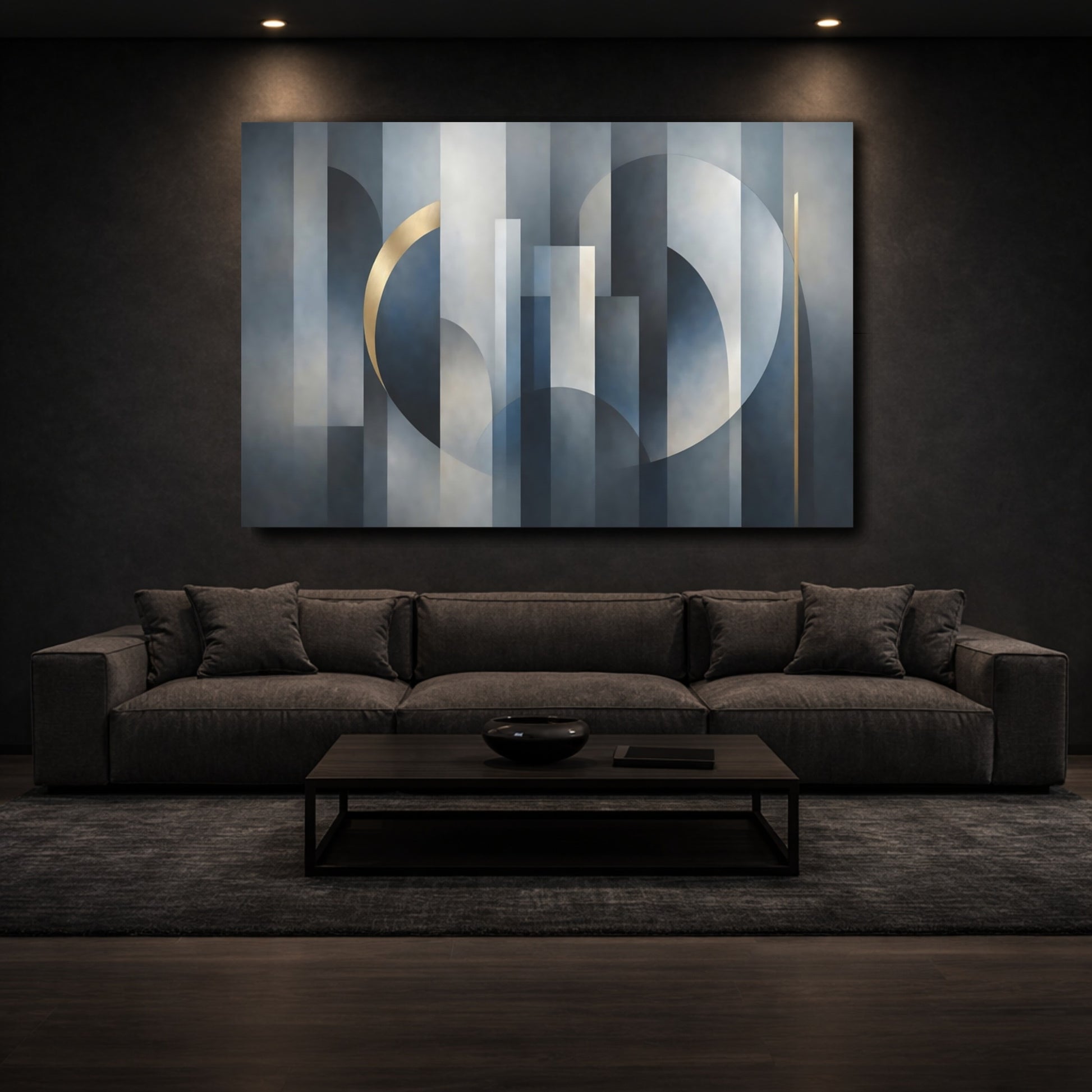Mockup 2. Abstract Geometric Shapes Blue Gray Gold Abstract shown as stretched canvas wall art