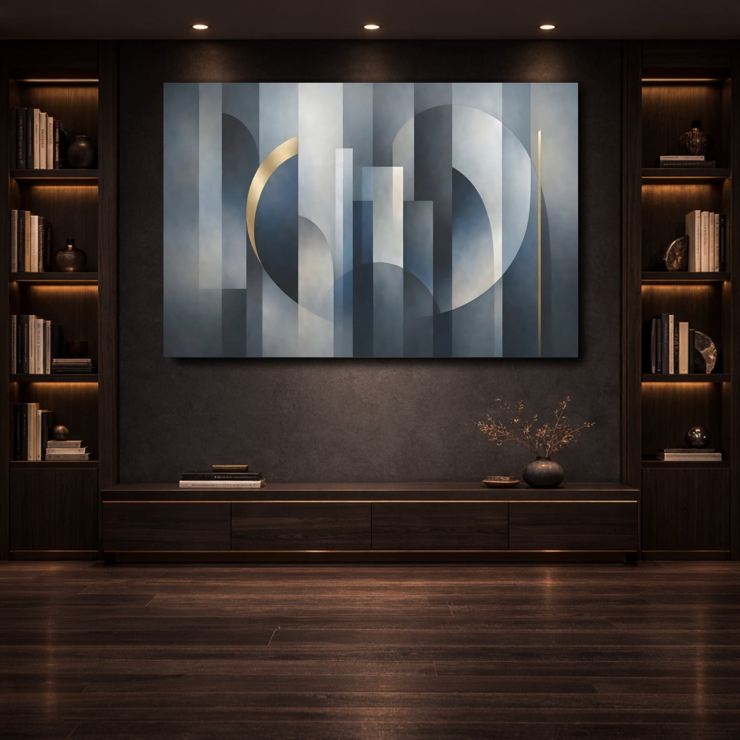 Mockup 3. Abstract Geometric Shapes Blue Gray Gold Abstract shown as stretched canvas wall art