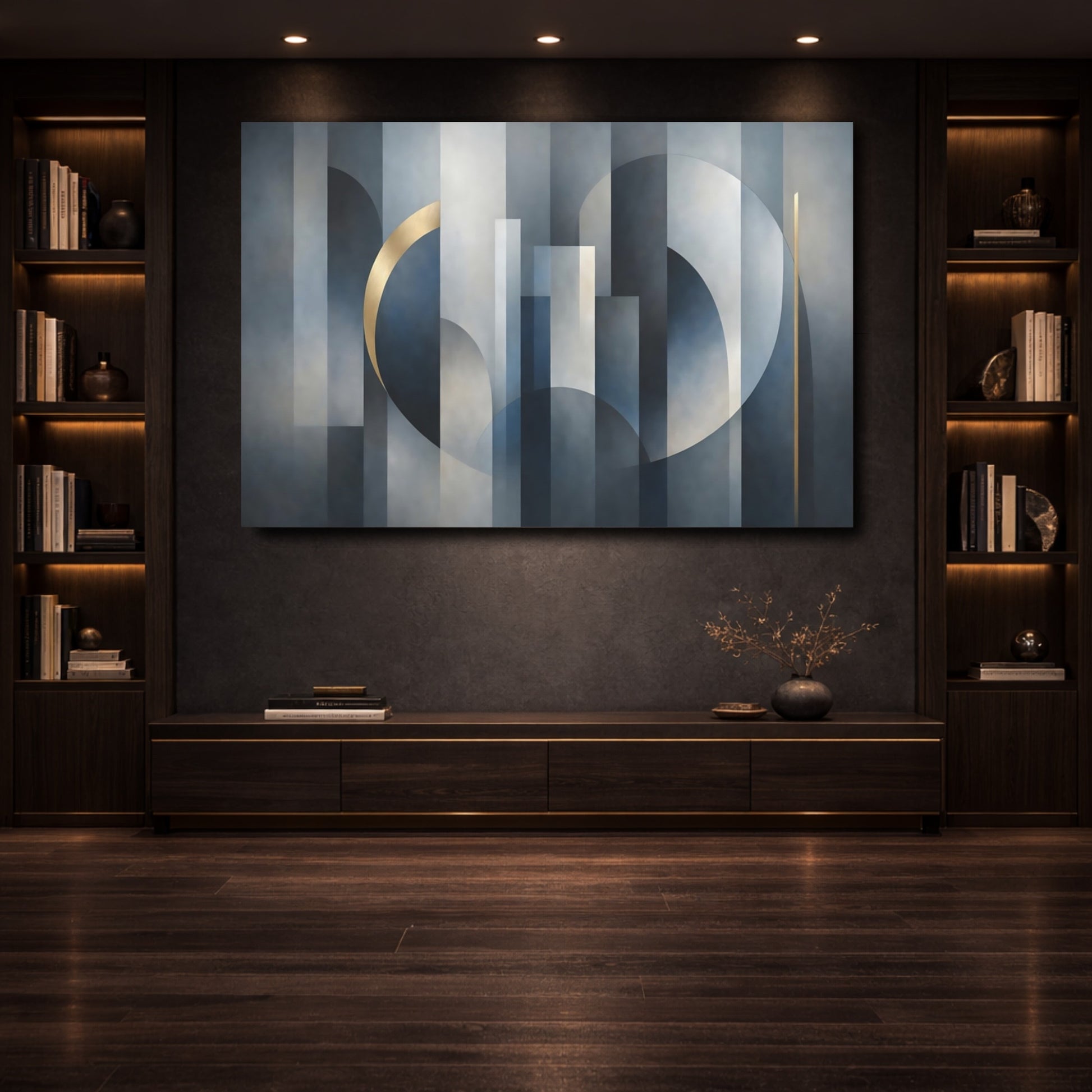 Mockup 3. Abstract Geometric Shapes Blue Gray Gold Abstract shown as stretched canvas wall art